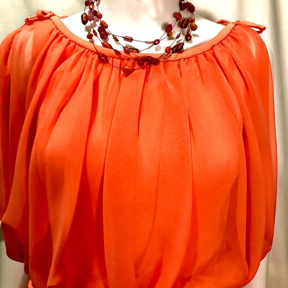 Vintage ILGWU Coral Chiffon And Satin Angel Wing Gown, Size M - Picture 3 of 8